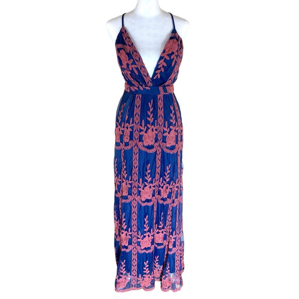 Magnolia Maxi Dress S Lace Embroidered Empire Waist Spaghetti Strap V Neck Navy